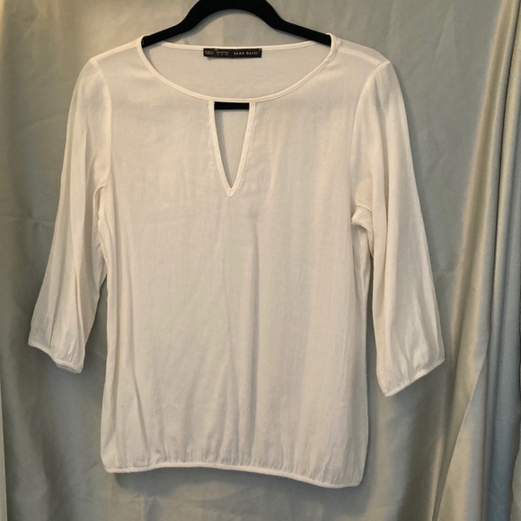 Zara Basic Ivory Cream Off White Blouson 3/4 Sleeve Peasant Blouse Size Small - Picture 1 of 8
